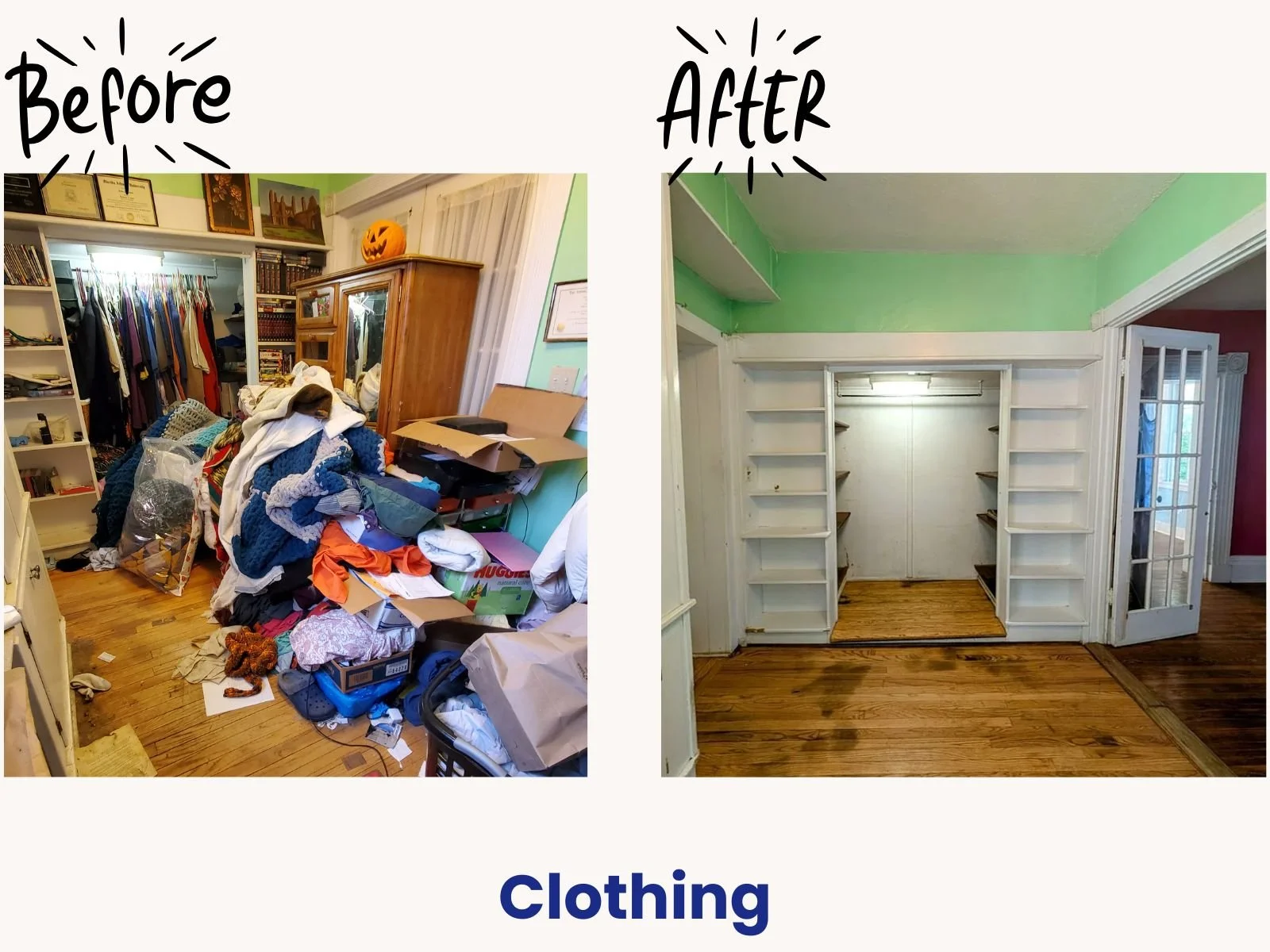 Before and after of a major walk-in closet wardrobe downsize in Syracuse NY, clearing out heavy clutter to leave built-in shelves completely empty and organized.