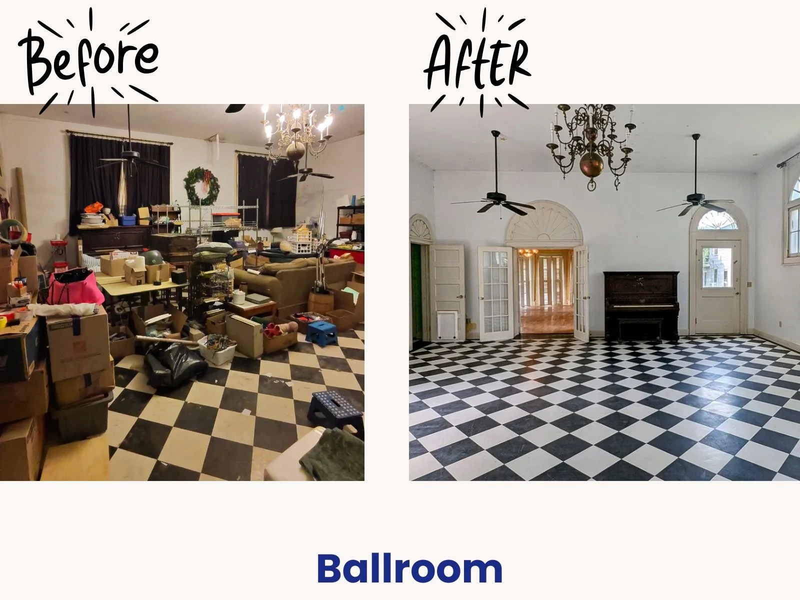 Before and after views of a grand ballroom estate clean out in the Finger Lakes region, clearing away piles of packed boxes and furniture to reveal a checkerboard floor.