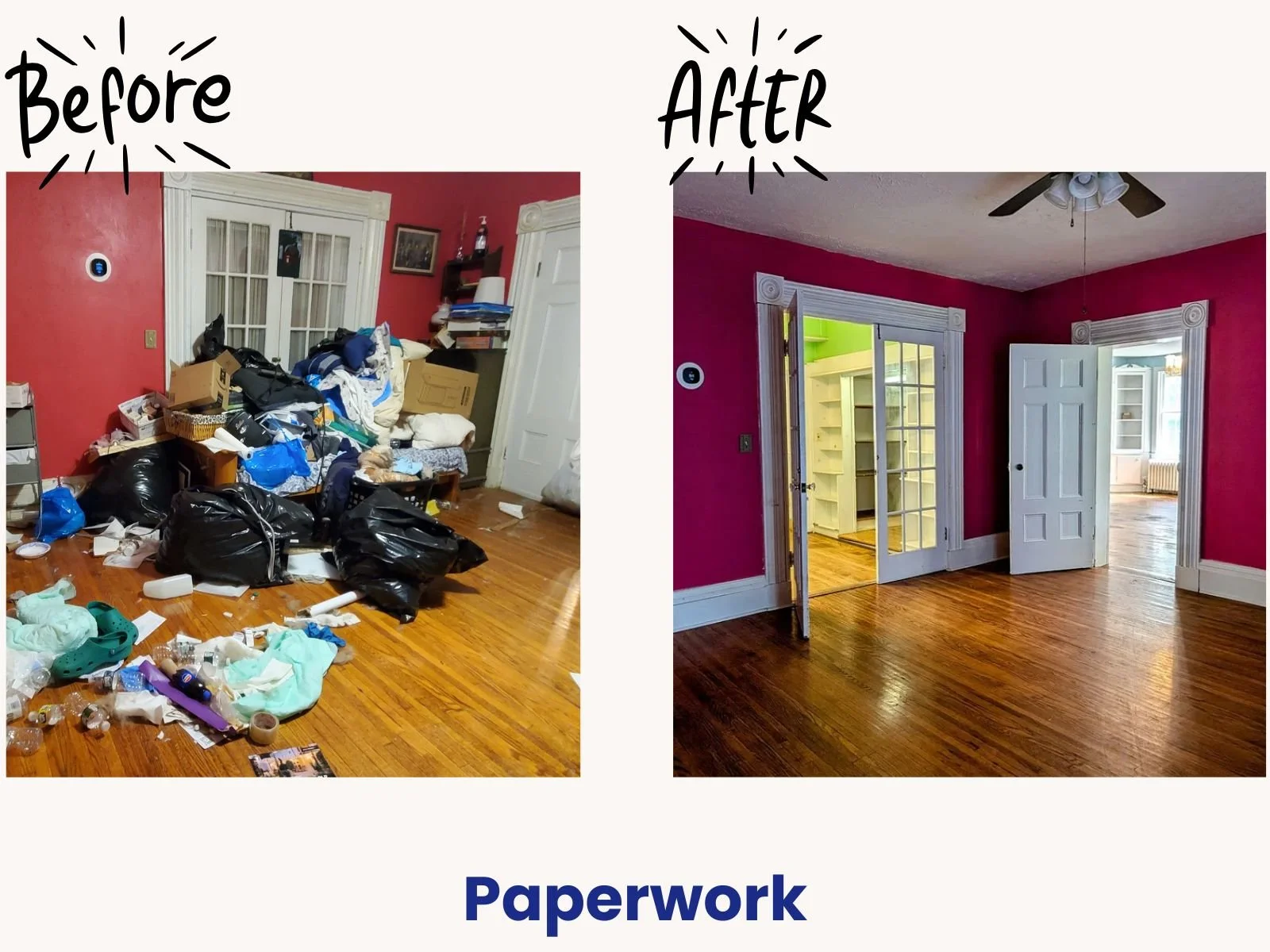 Before and after of a home office paper management and sorting project in Rochester NY, clearing out clutter before packing essentials for a move.