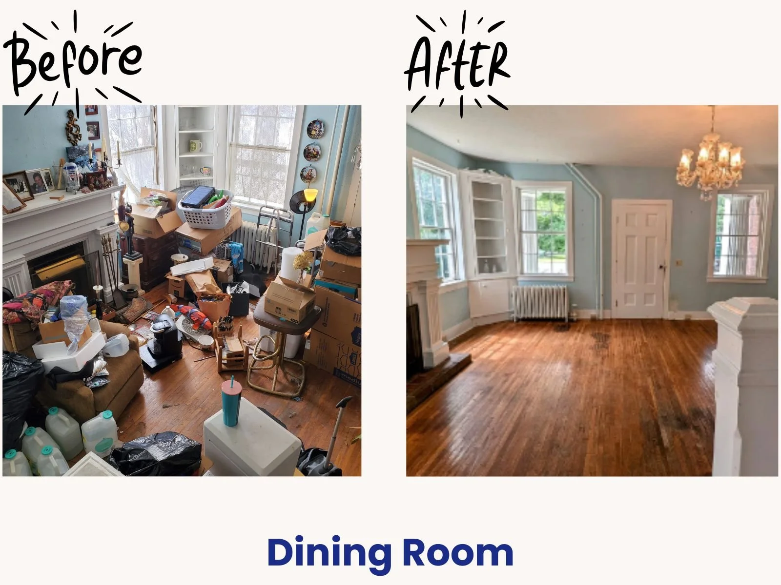 Before and after of a dining room clean out in the Finger Lakes area, sorting through piles of random household clutter, papers, and packed cabinets.