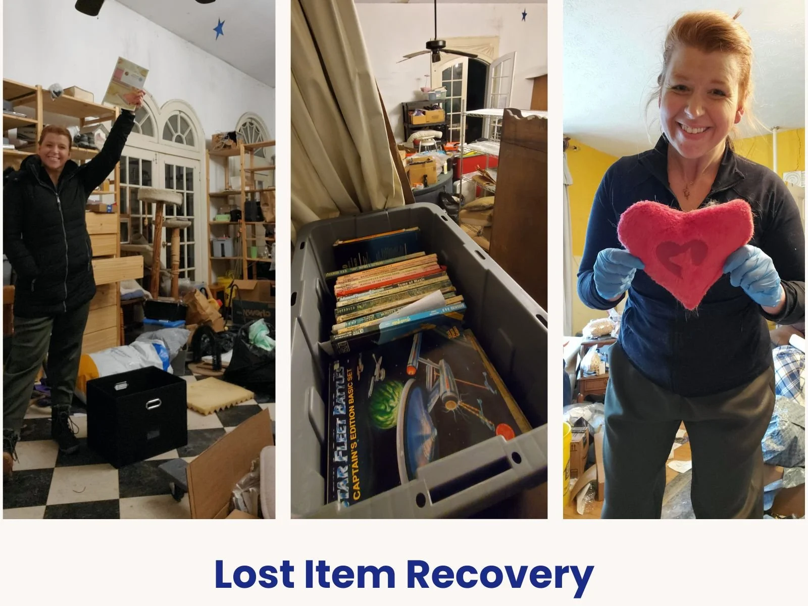 Professional home organizer smiling while recovering lost, highly sentimental personal items during a massive estate clean out project in Syracuse NY.