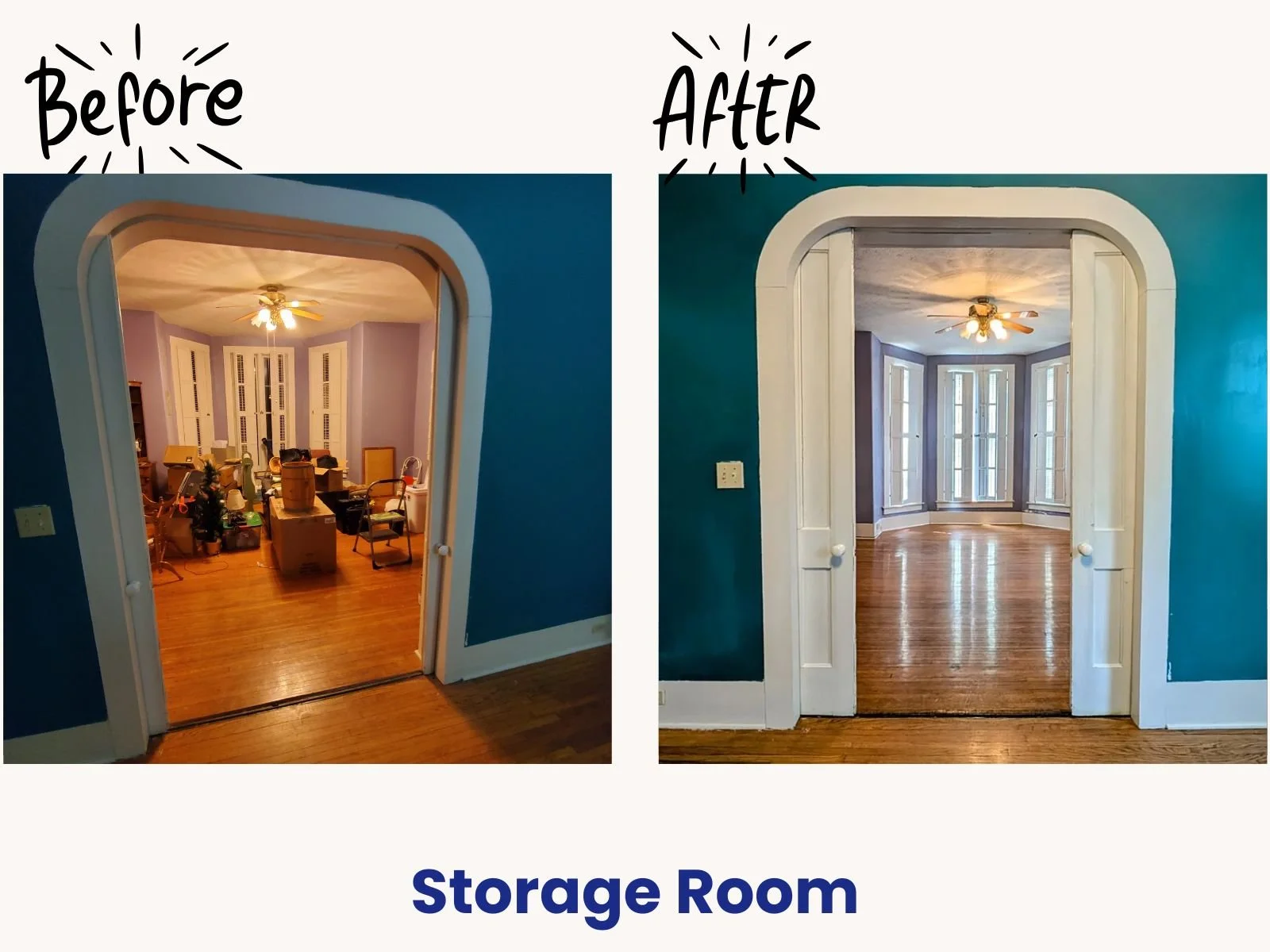 Before and after of a high-volume storage bedroom prep in Rochester NY, clearing out clutter and taking down curtains to open up the room completely.