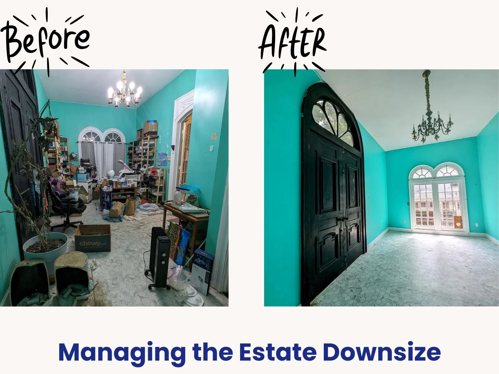 Before and after of an estate clean out in a Rochester NY hobby room, showing a cluttered space transformed into a completely clear, open room.