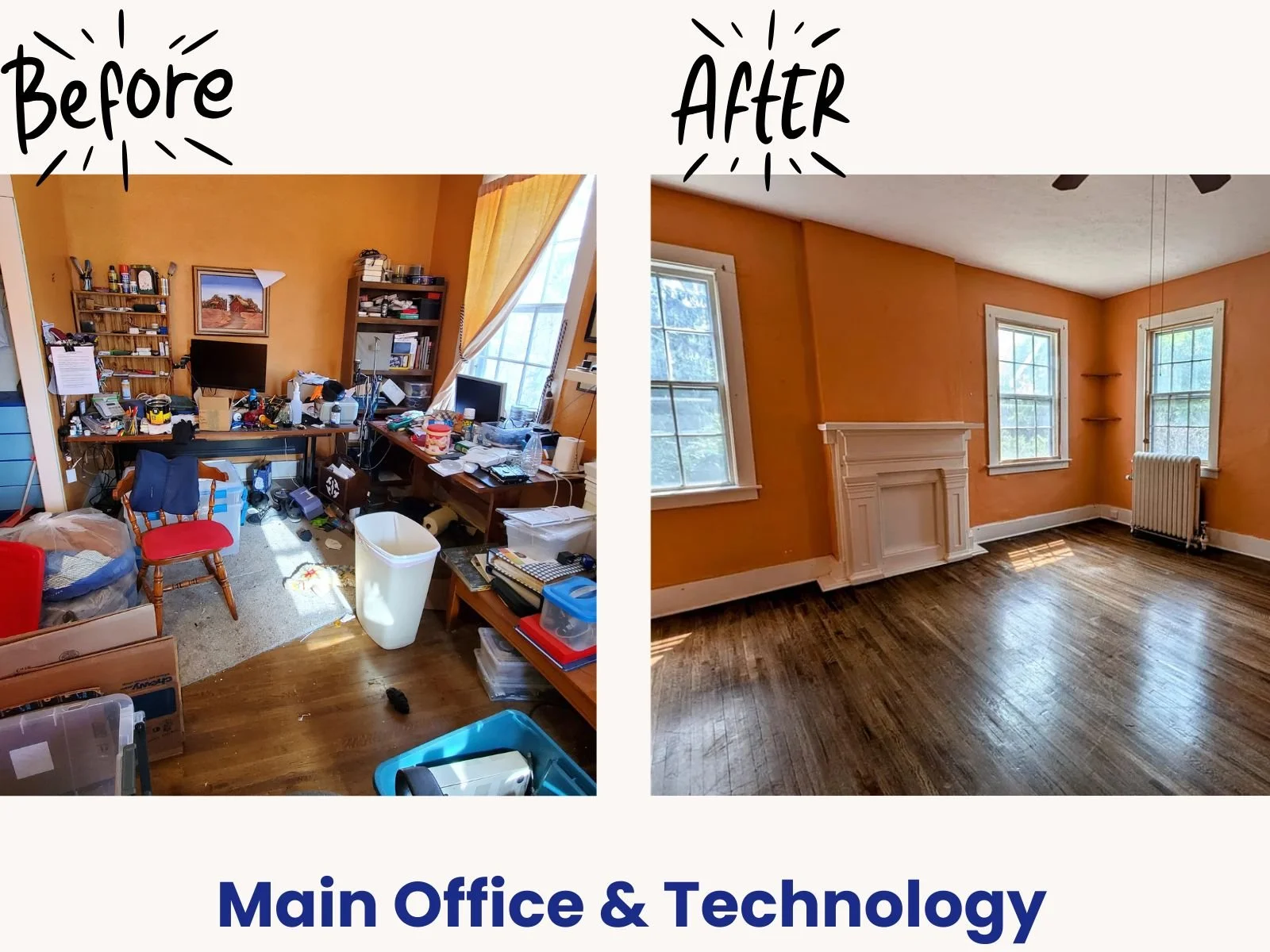 Before and after photos of a home office clean out in Syracuse NY, focusing on organizing a massive amount of tech equipment and tangled cords.