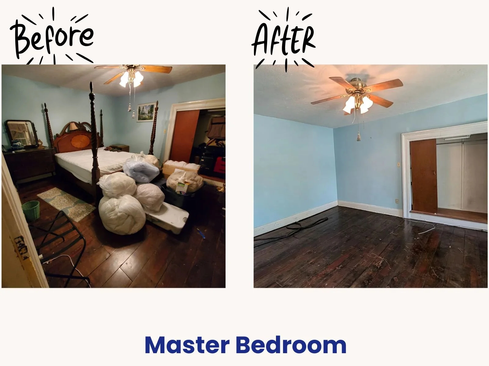 Before and after of a master bedroom layout preparation in the Finger Lakes region, taking down the bed frame and clearing the space to be ready for movers.