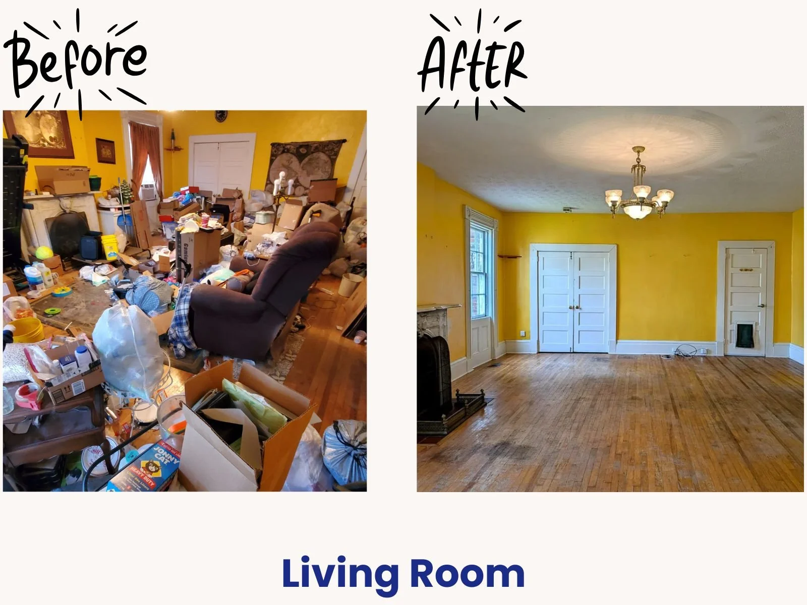 Before and after of a main living room clean out in Rochester NY, showing a highly cluttered front room emptied out and prepped for real estate photos.