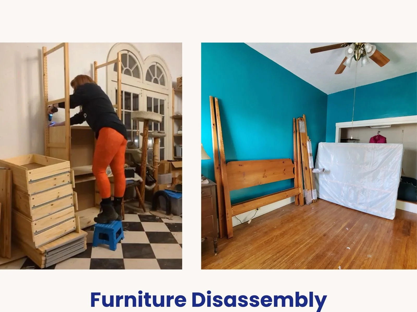 Professional organizer using tools to disassemble heavy wooden bed frames and shelving units during an estate move in the Finger Lakes area.