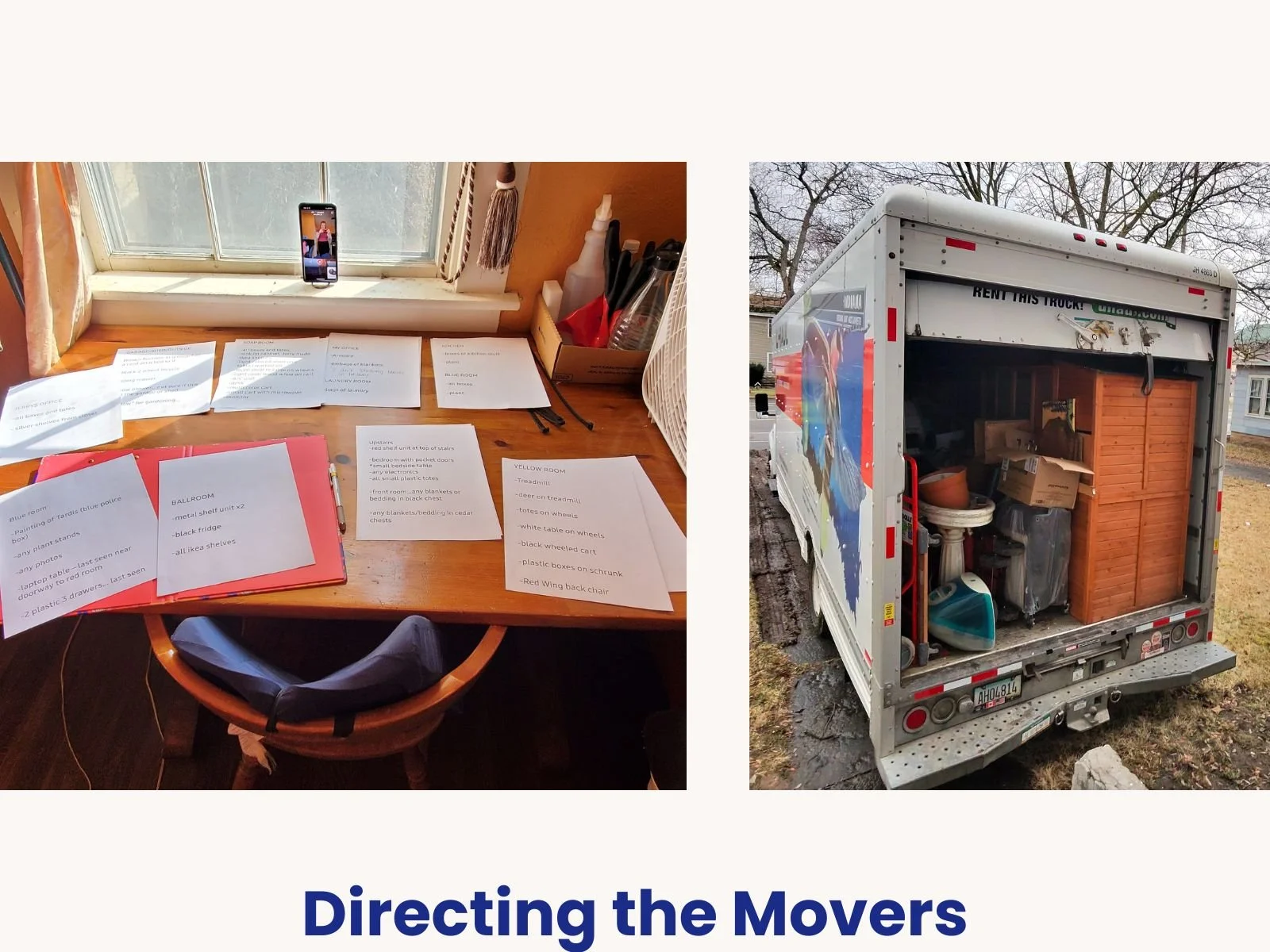 A master layout plan printed out on a desk next to a loaded moving truck, demonstrating move management and crew coordination services in Rochester NY.