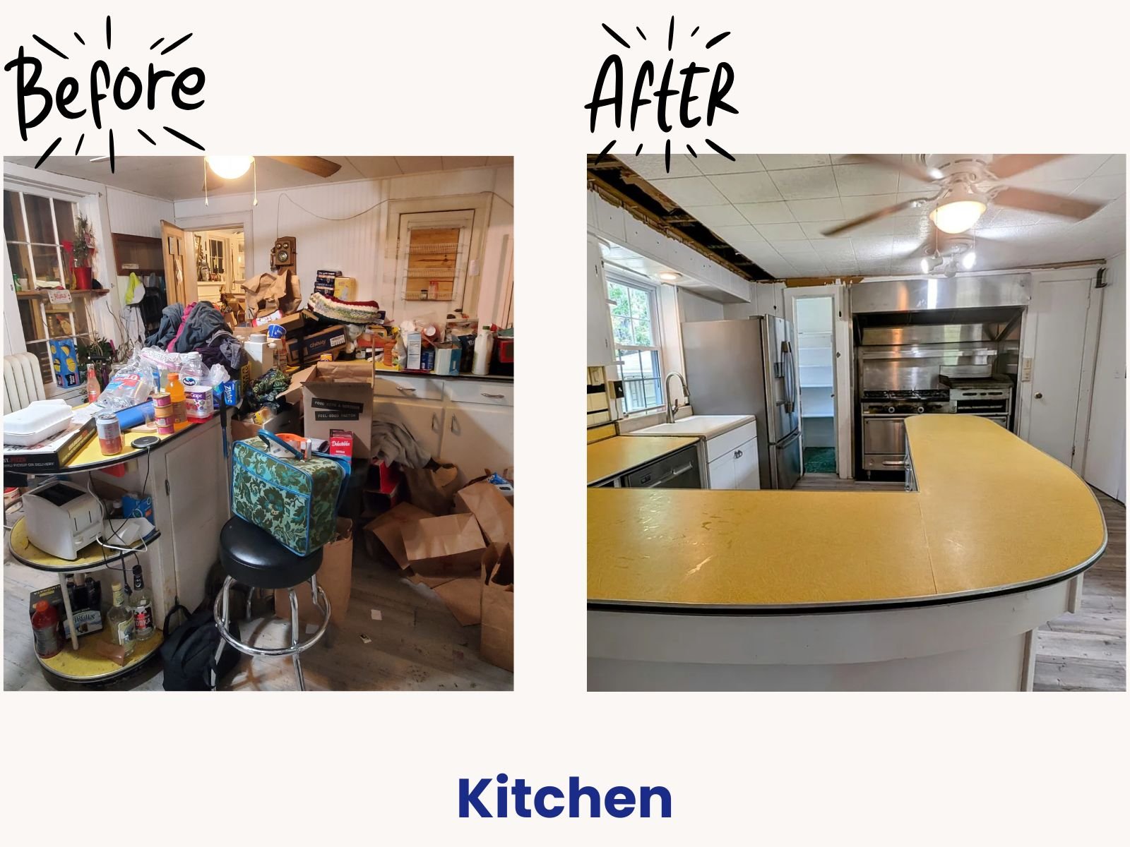 Before and after of an intensive kitchen clean out and packing project in Syracuse NY, sorting through dishes and inventory to prep for a downsize move.