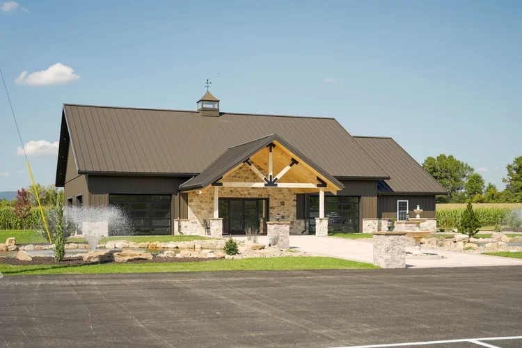 Harshbarger's timber-frame porch entrance with heavy posts