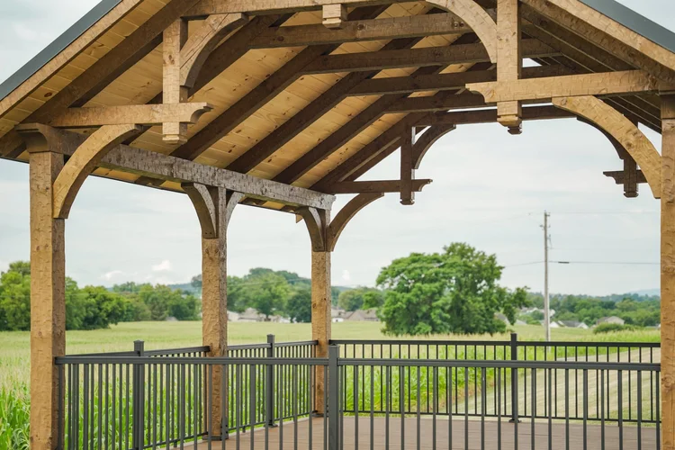 Timber-frame pavilion with built-in grilling station