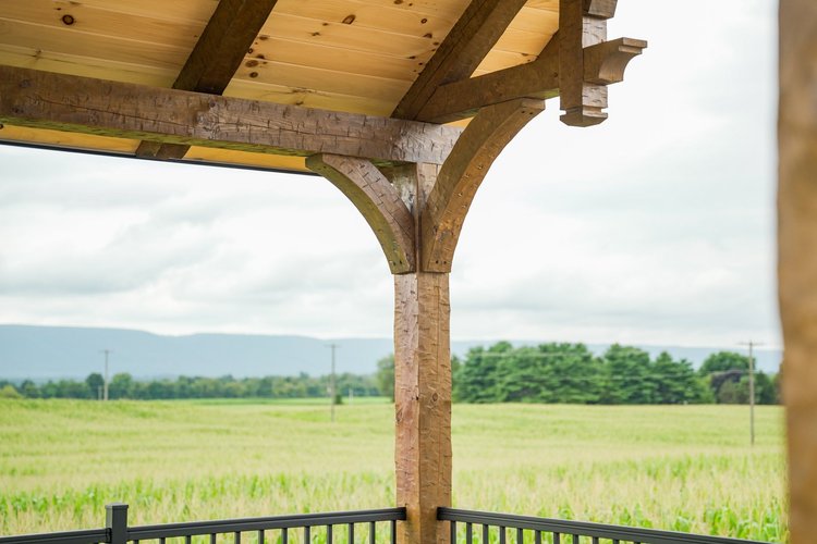 Pavilion interior with exposed eastern white pine rafters