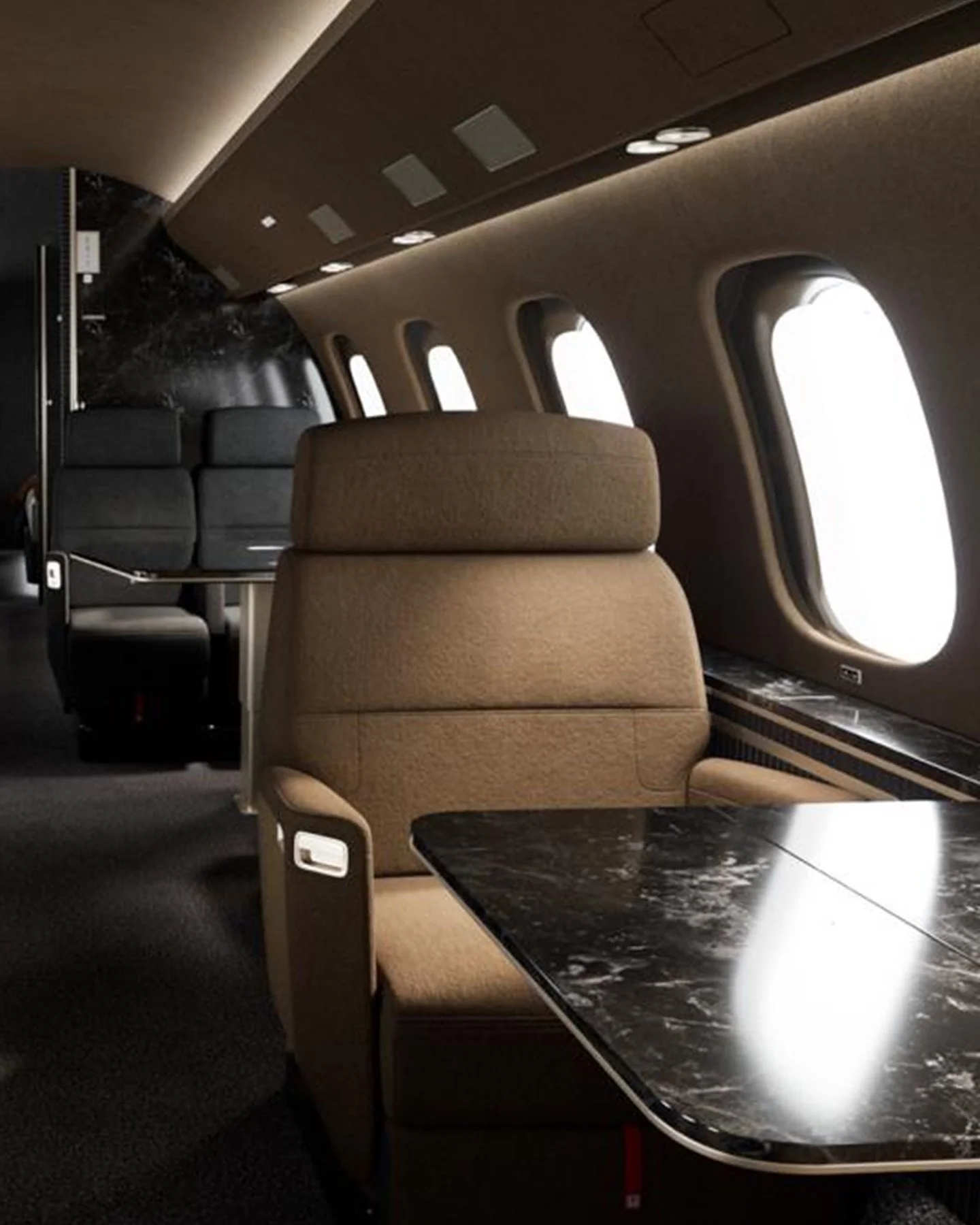 Bombardier Global G7500
Welcome on board! Anexceptional, new interior design for the Bombardier Global 7500 jet, showcasing a sophisticated gradient concept that transitions from brighter to darker areas, creating a dynamic flow throughout the cabin