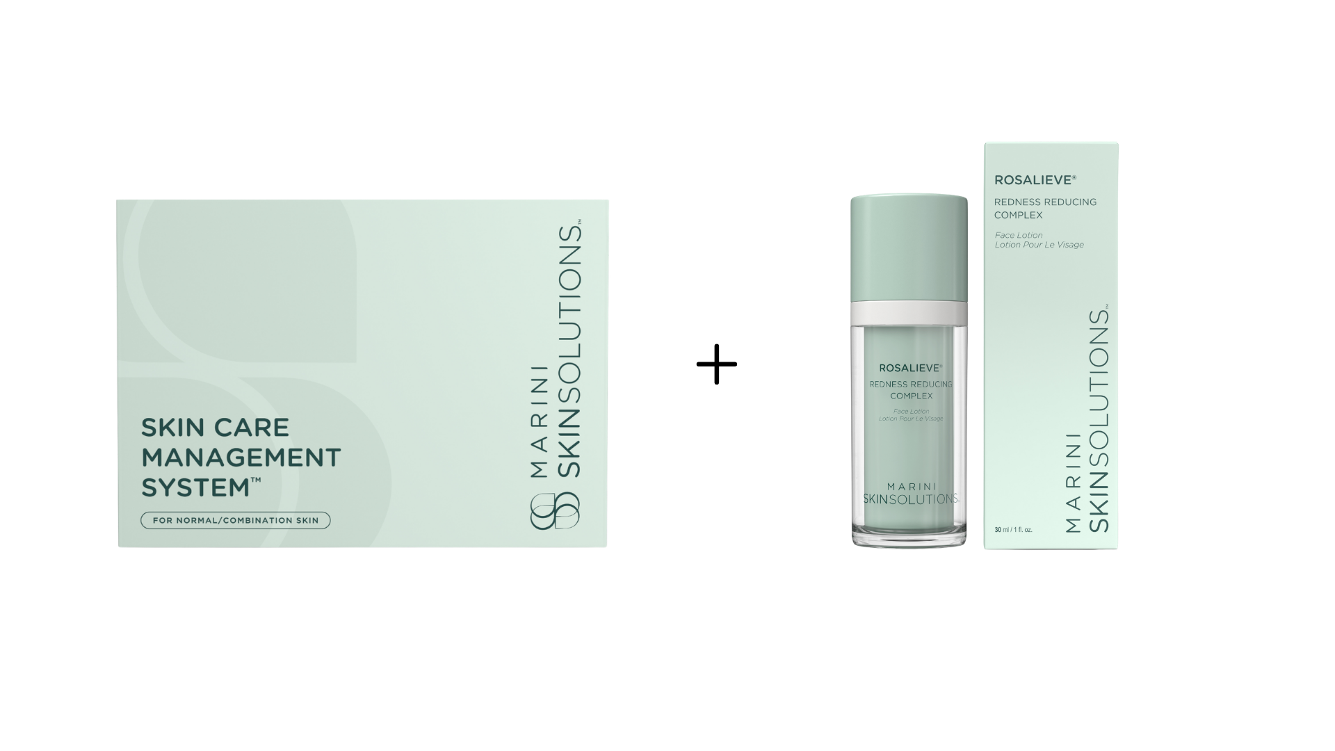 A skincare product set, including a box labeled 'Skin Care Management System' for normal or combination skin, and a bottle of 'Rosalieve Redness Reducing Complex' face lotion from Marini Skinsolutions.