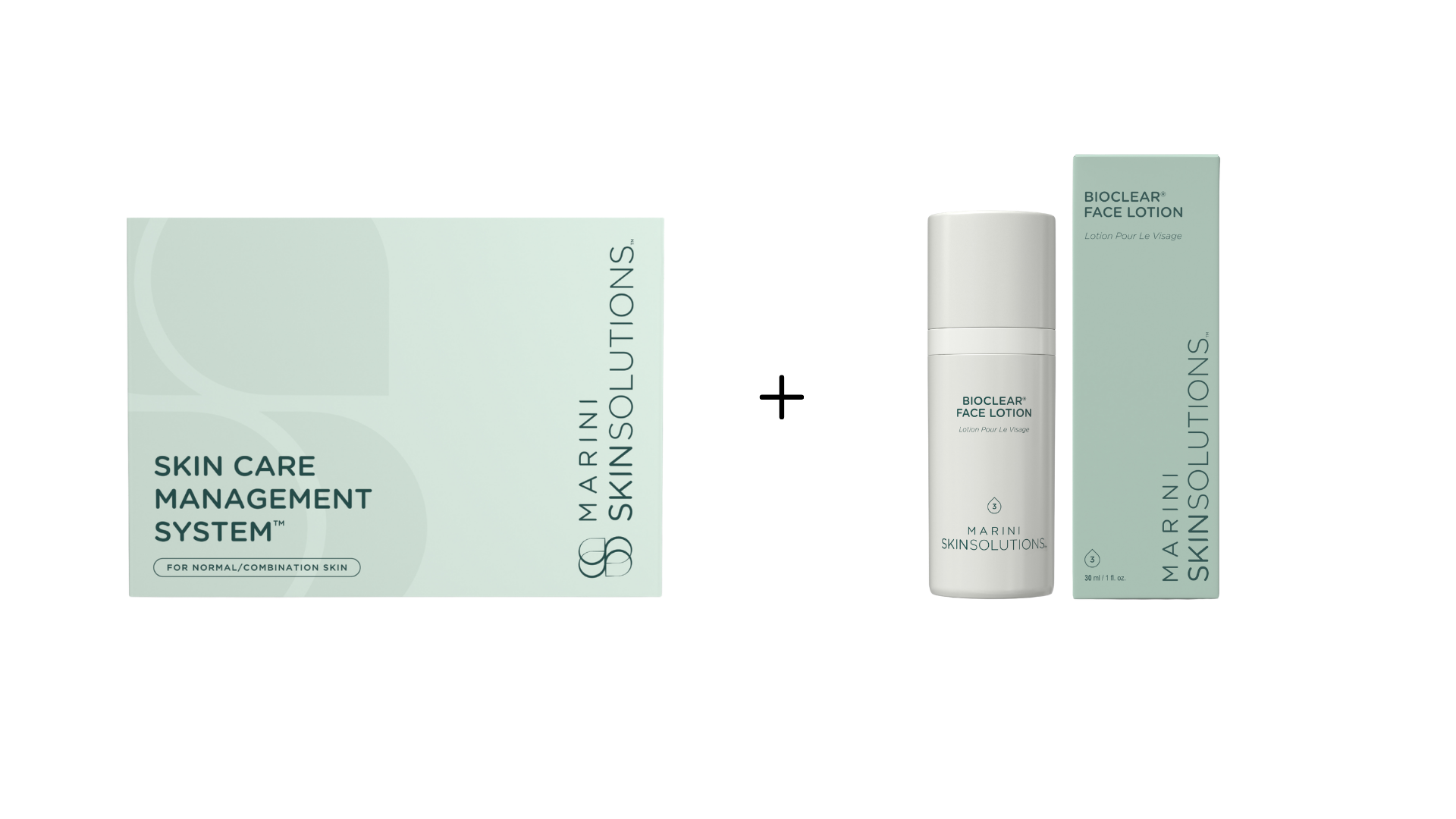A skincare product package labeled MedMarine SkinSolutions, including a box of skin care management system and a bottle of face lotion.