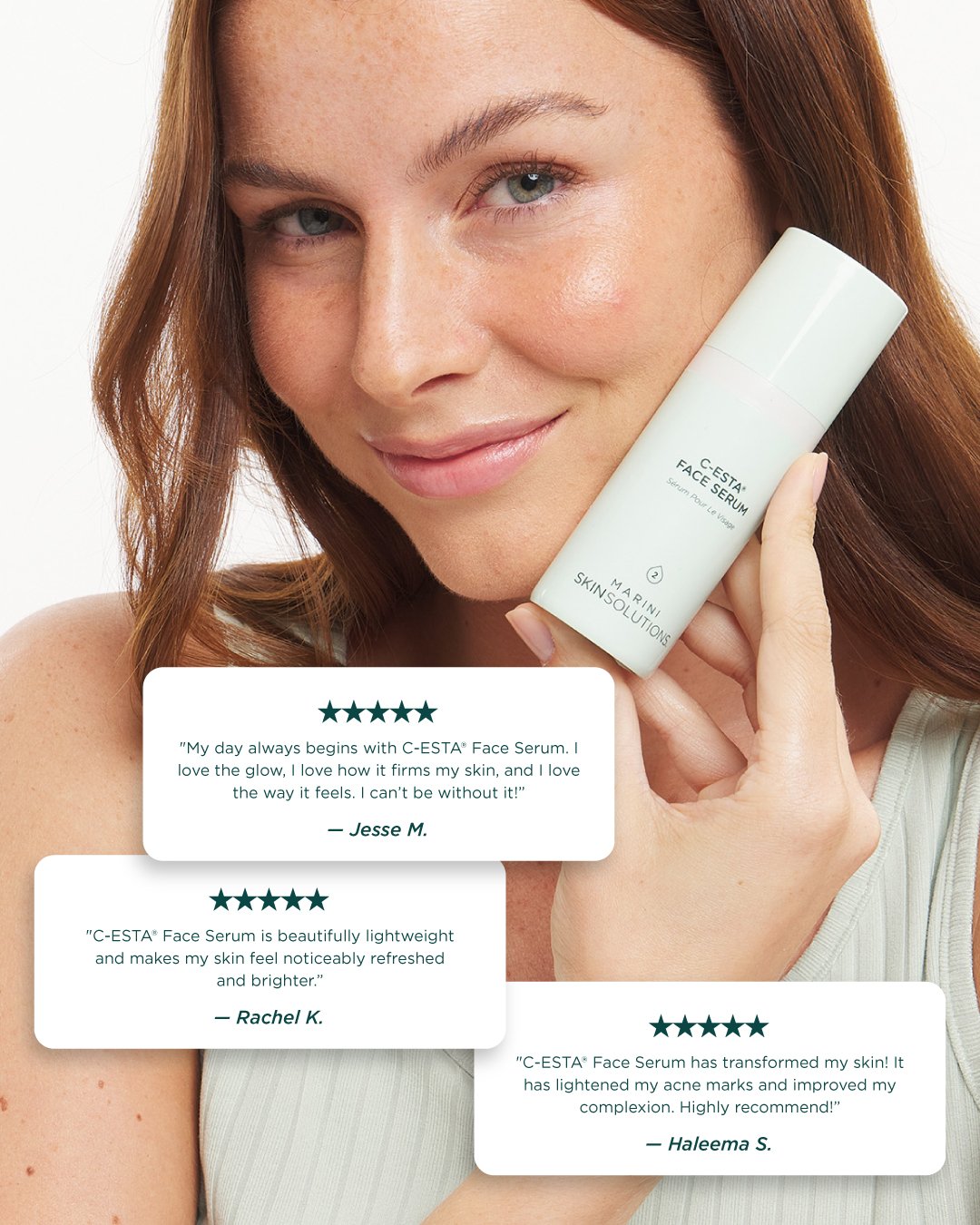 A woman with red hair and fair skin holding a white bottle of C-ESTA Face Serum close to her face, smiling gently, against a white background. There are three customer reviews displayed on the image.