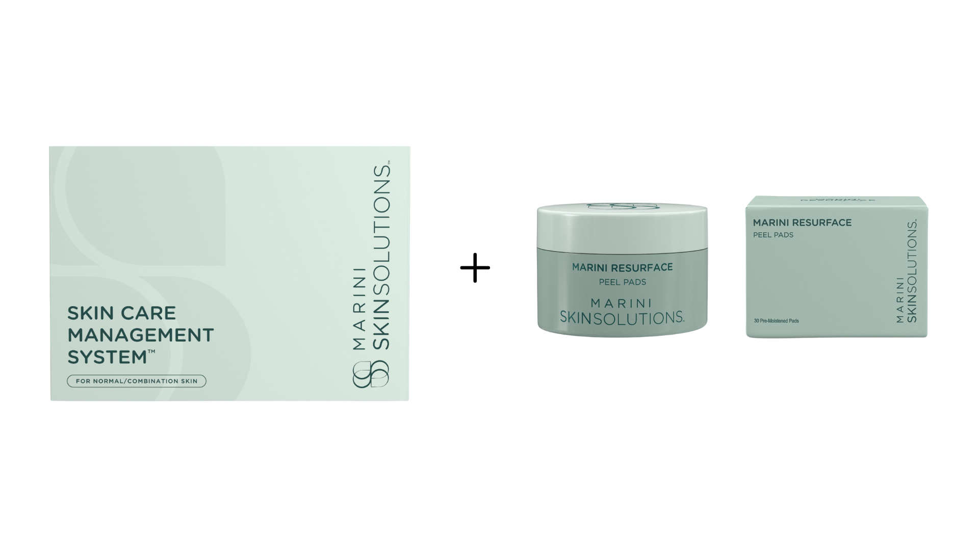 Packaging for Marini Resurface Peel Pads, including a box with 30 pre-moistened pads, a small jar, and a matching box, all designed for skin care management.
