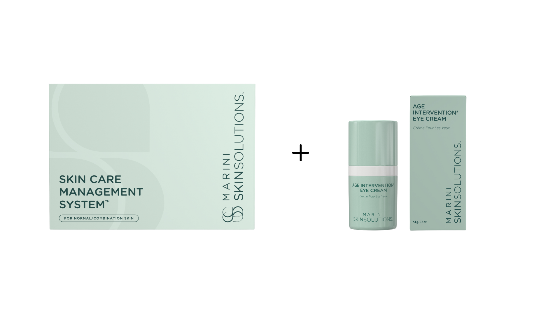 Photo of Marini Skin Solutions Age Intervention Eye Cream and its packaging on a light background.