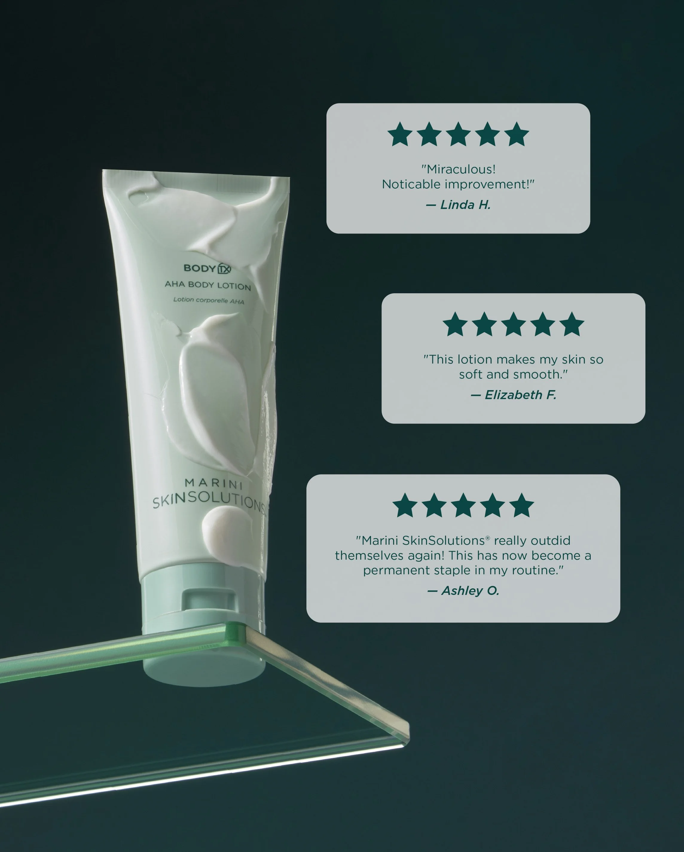 Close-up of a tube of Marini SkinSolutions AHA Body Lotion with a tube and a needle in the foreground.