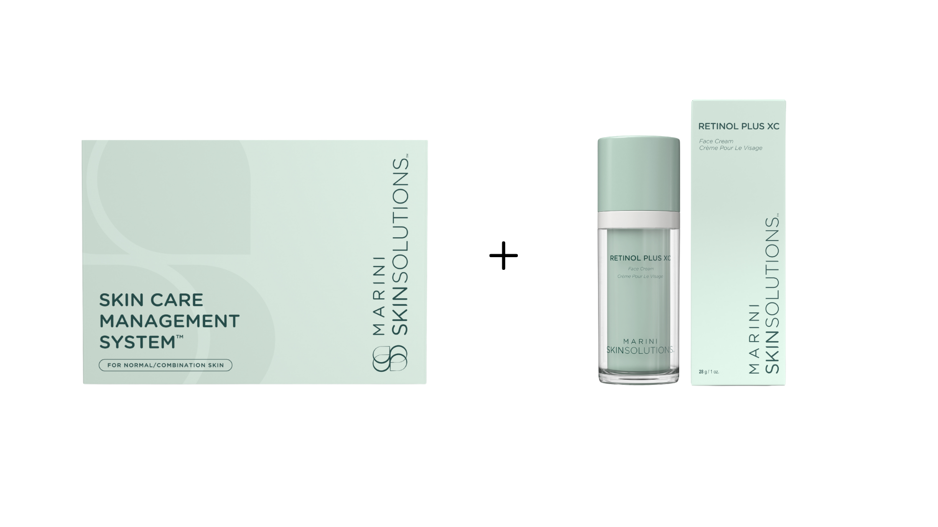 Box of Marini Skinsolutions skincare management system for normal/combination skin and a tube of Retinol Plus XC face cream from the same skincare line.