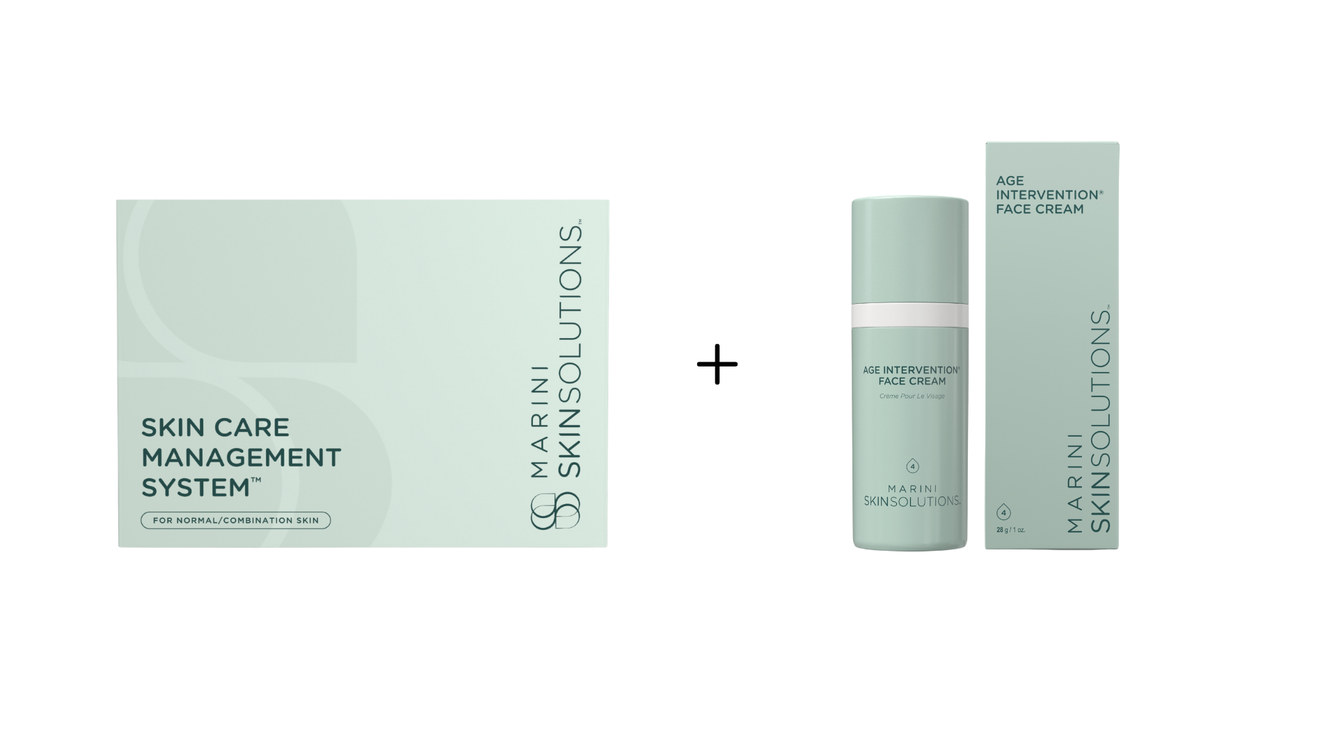 Marini Skin Solutions skincare set including a box labeled 'Skin Care Management System' and a tube labeled 'Age Intervention Face Cream'.