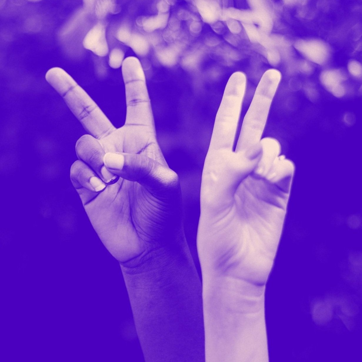 Image of a black hand and a white hand making peace signs