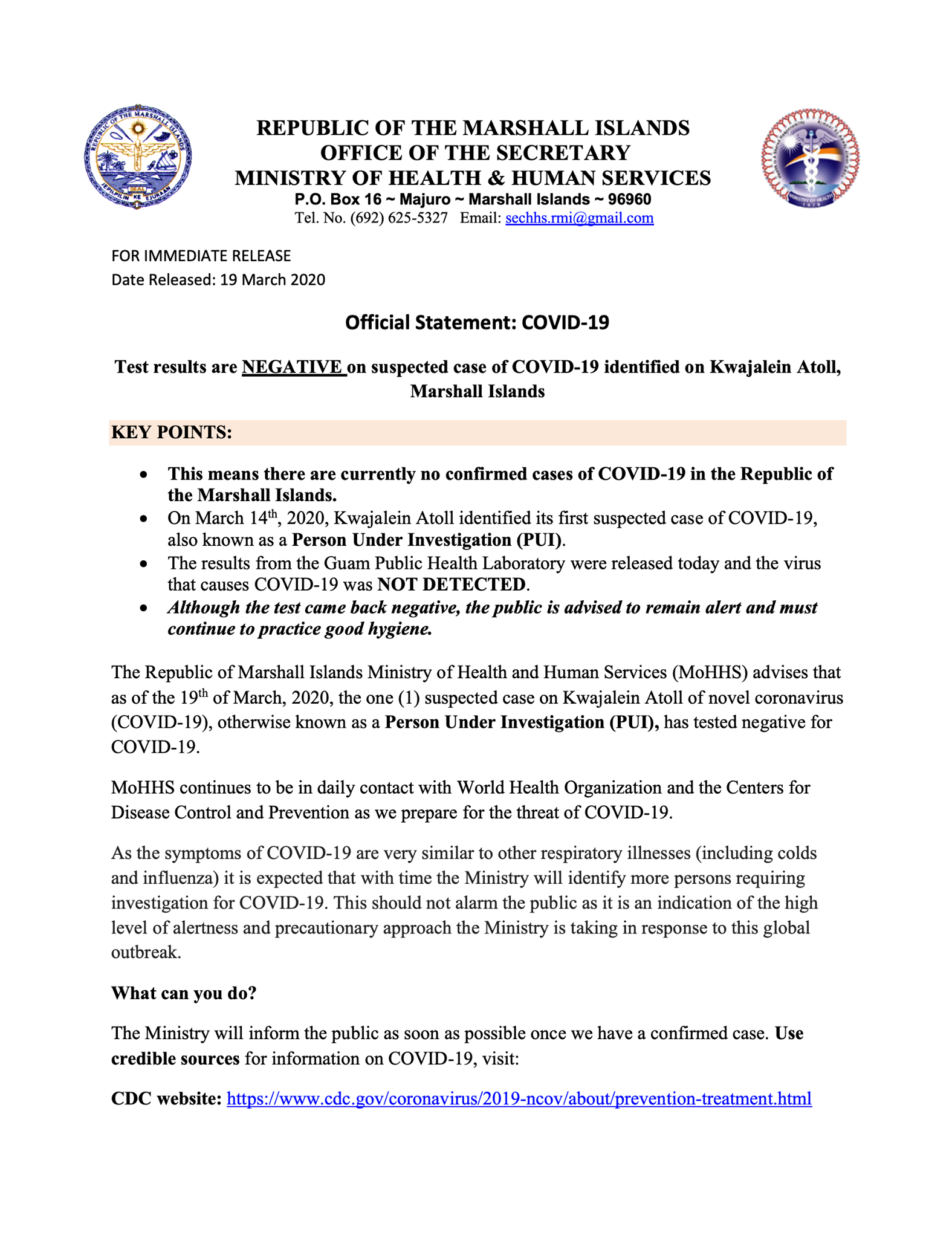 Official Statement: Covid-19 — Embassy of the Republic of the Marshall  Islands