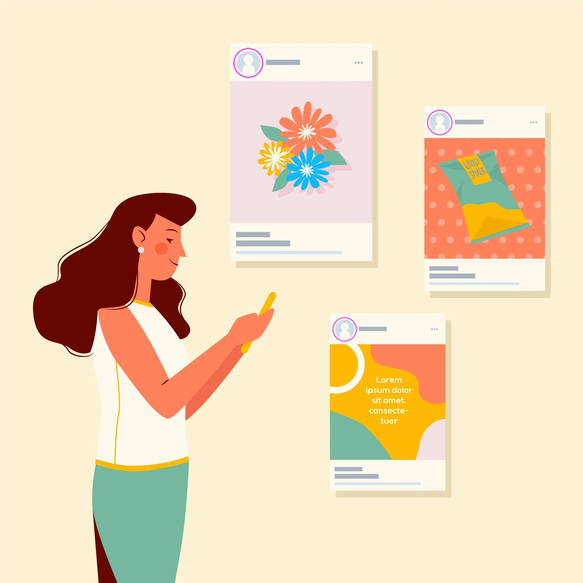 Illustration of a woman with brown hair looking at her phone, with social media posts in the background highlighting colorful designs and text.