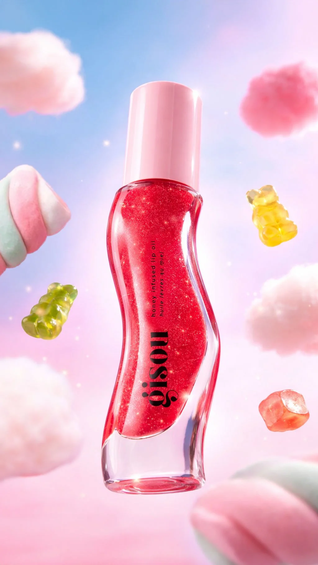 A pink and clear curved bottle labeled "iSORE" containing glittery red oil, floating among colorful gummy bears and marshmallows with a pastel cloudy sky background.