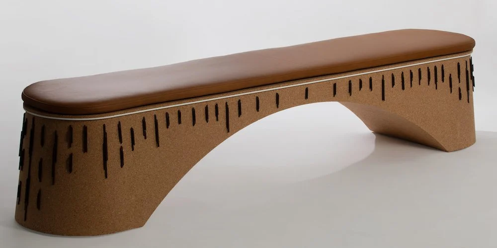 an elegant bench using materials including Palmade biodegradable pallets, recycled cork and camel leather.