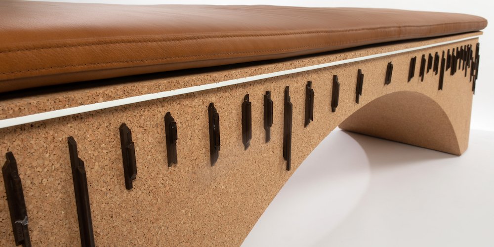 an elegant bench using materials including Palmade biodegradable pallets, recycled cork and camel leather.