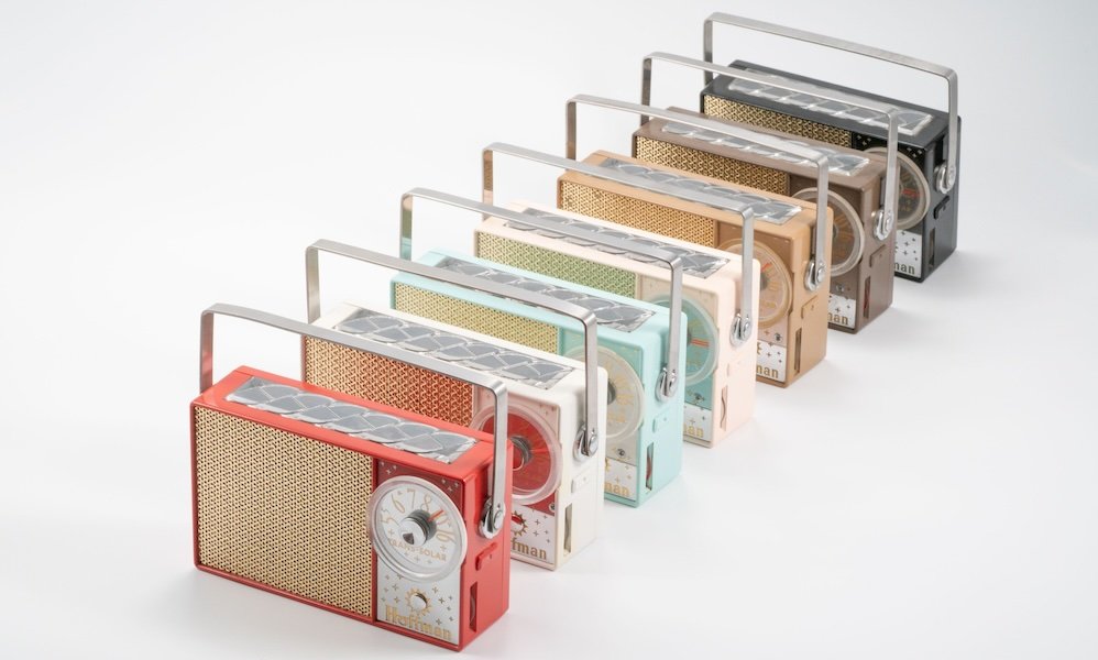 A rainbow assortment of Hoffman 706 Trans-Solar Radios, released in 1958 Photo Karl Wagner / Museum Of Solar Energy, (Bill Burkett private collection)