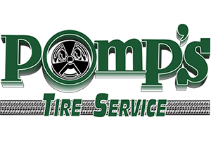 Logo for Pomp's Tire Service with the company name in green and black text, featuring a tire illustration inside the 'O' of Pomp's.