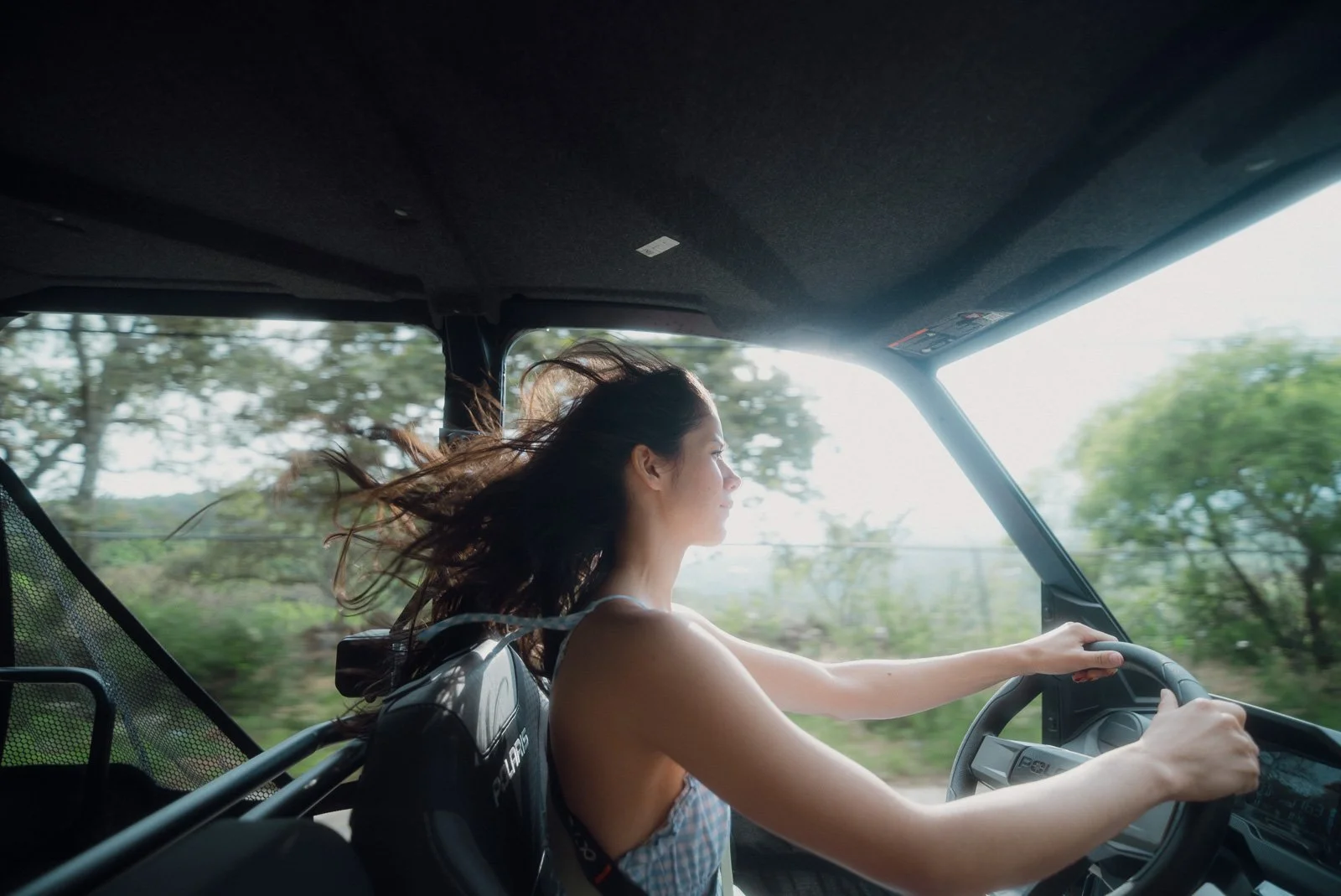 Woman driving a vehicle with her hair blowing in the wind, landscape with trees visible through the windows.