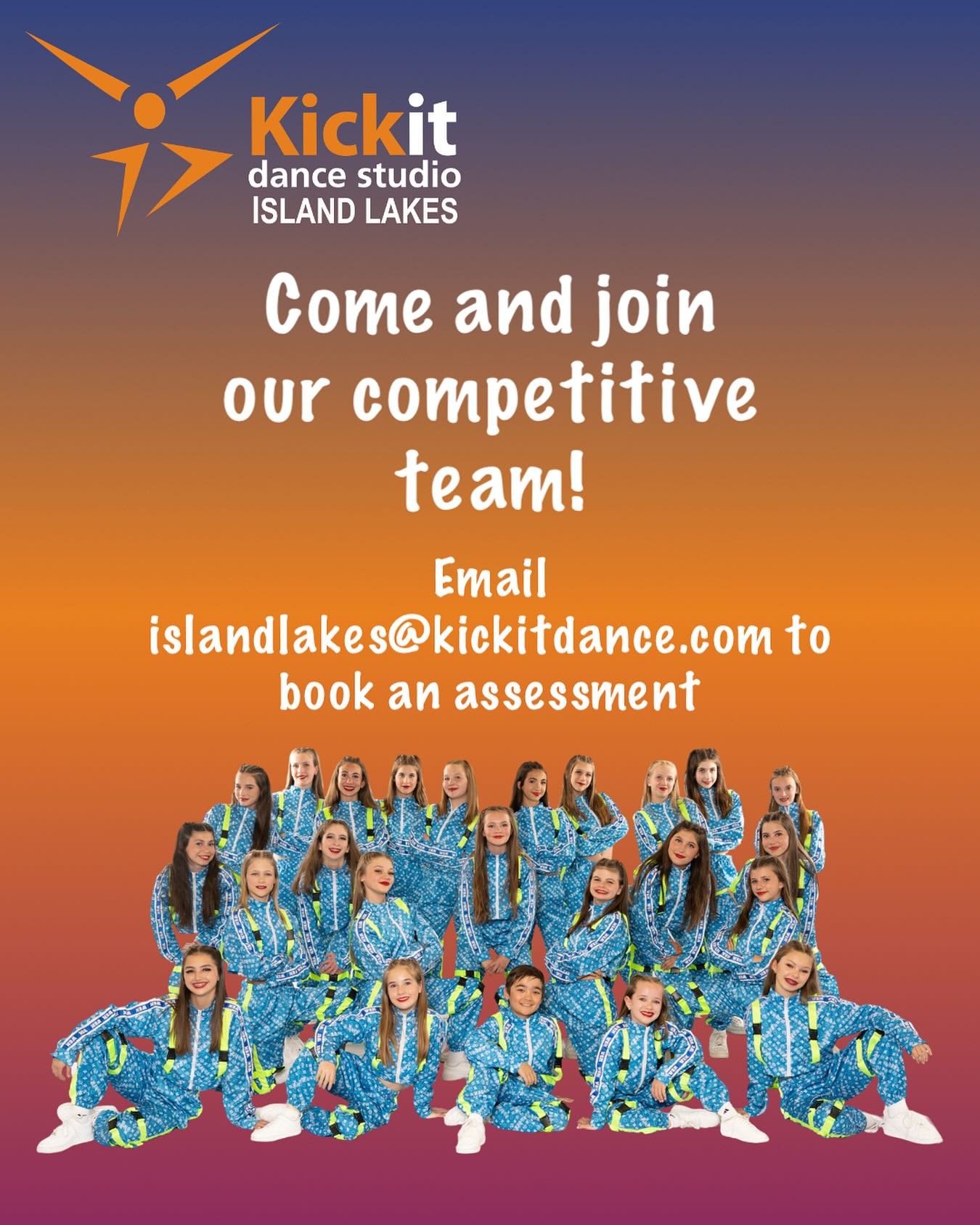 Join Our Competitive Team!

Competitive classes available for ages 7 &amp; up in:
Ballet &bull; Jazz &bull; Tap &bull; Hip Hop &bull; Lyrical &bull; Contemporary &bull; Musical Theatre &bull; Acro

📩 New to Kickit Island Lakes?
Email islandlakes@kic