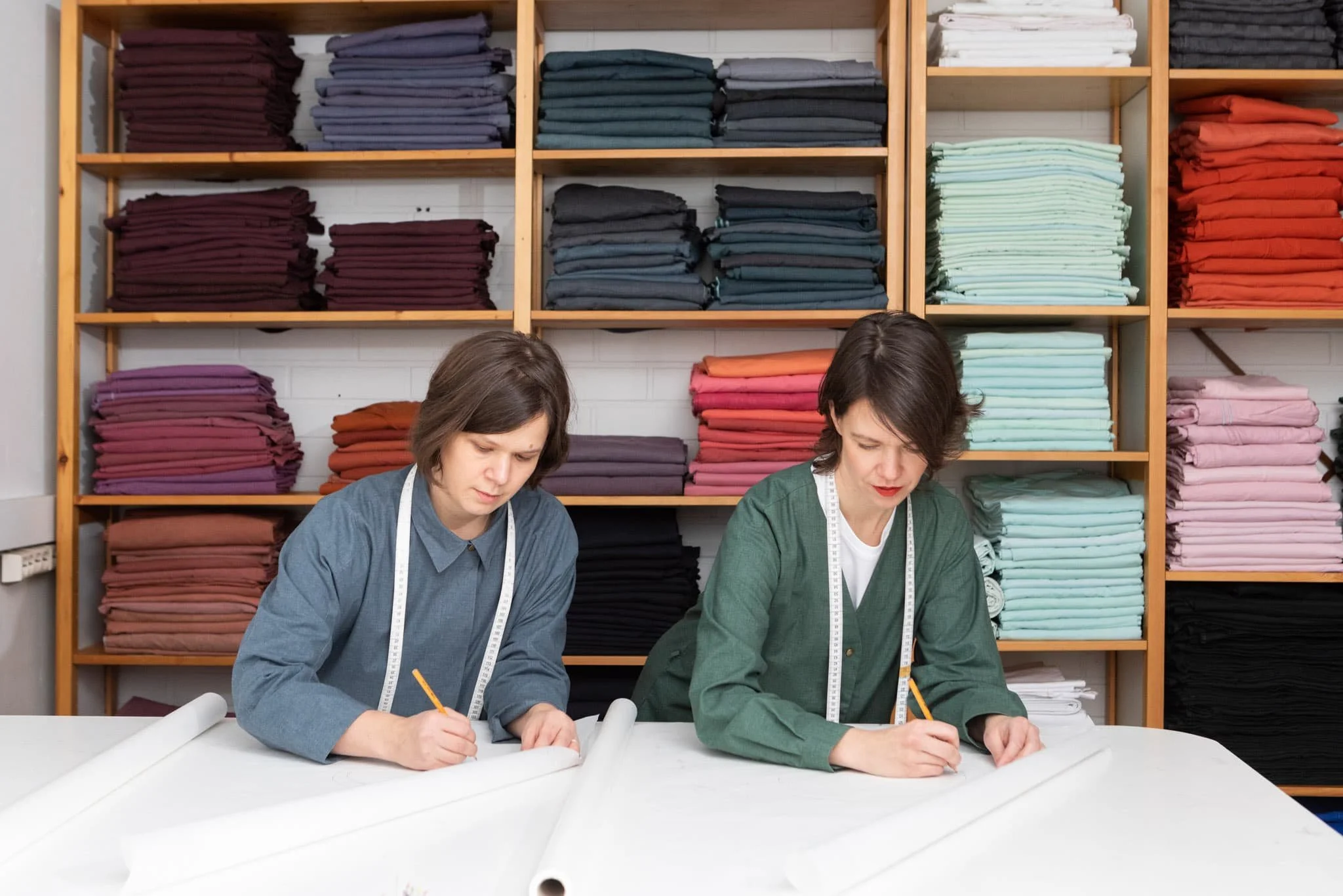 Mila Moisio and Kaisa Rissanen in a sewing studio drafting sewing patterns for TAUKO Magazine