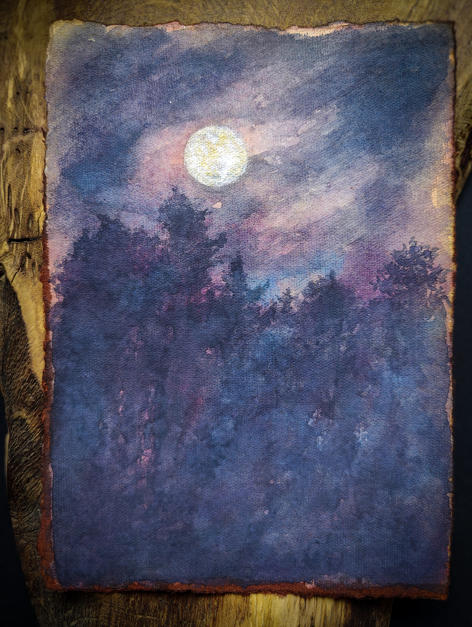 "Vollmond über Bäumen"  Aquarell Original - A5