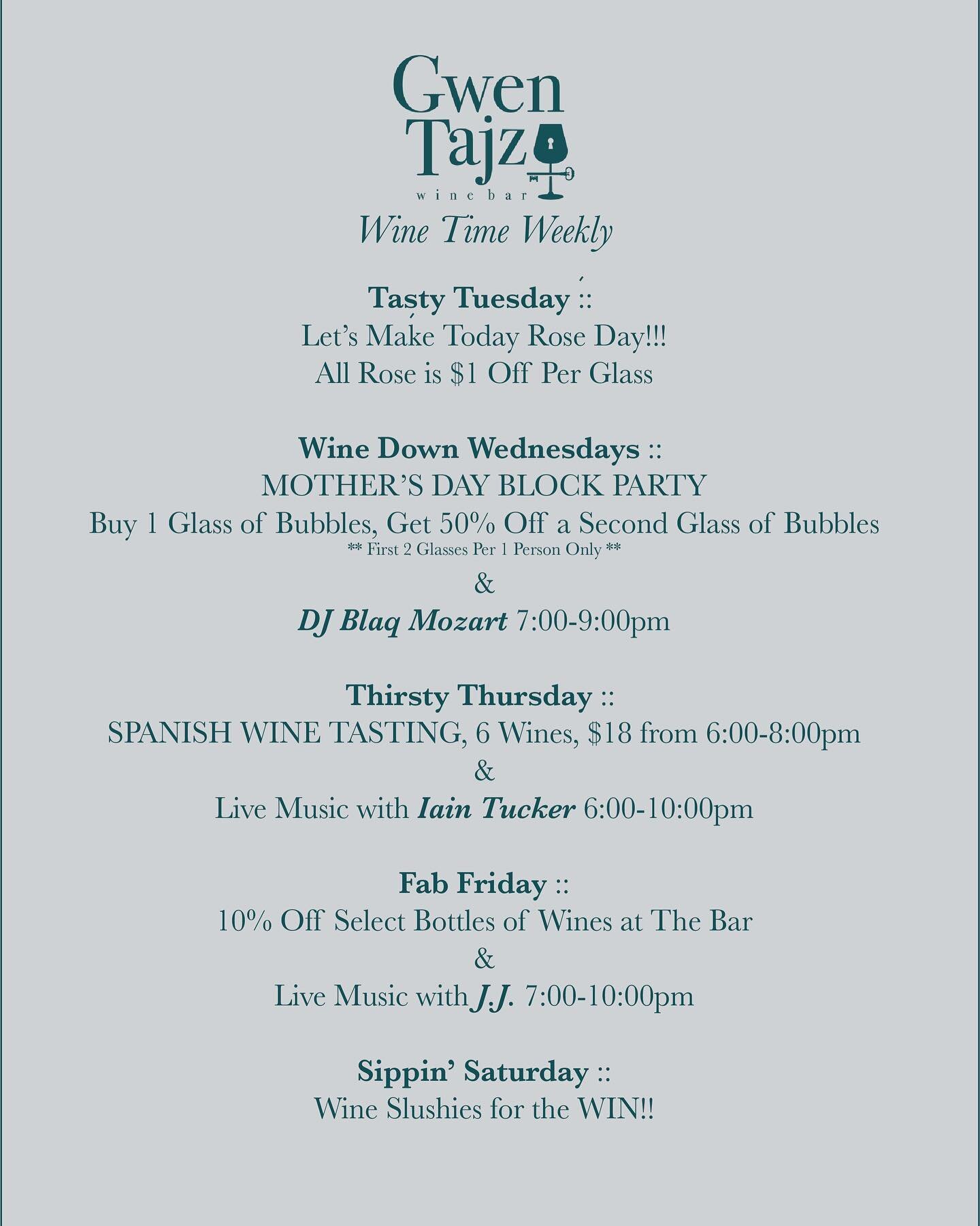 :::::🍷𝕌𝕡𝕕𝕒𝕥𝕖𝕕 𝕎𝕚𝕟𝕖 𝕎𝕖𝕖𝕜𝕝𝕪 🍷:::::
#gwentajzwinebar #winetimeweekly #livemusic #winetasting #winelovers #undeniablydowntownduluth #exploregwinnett #cheers