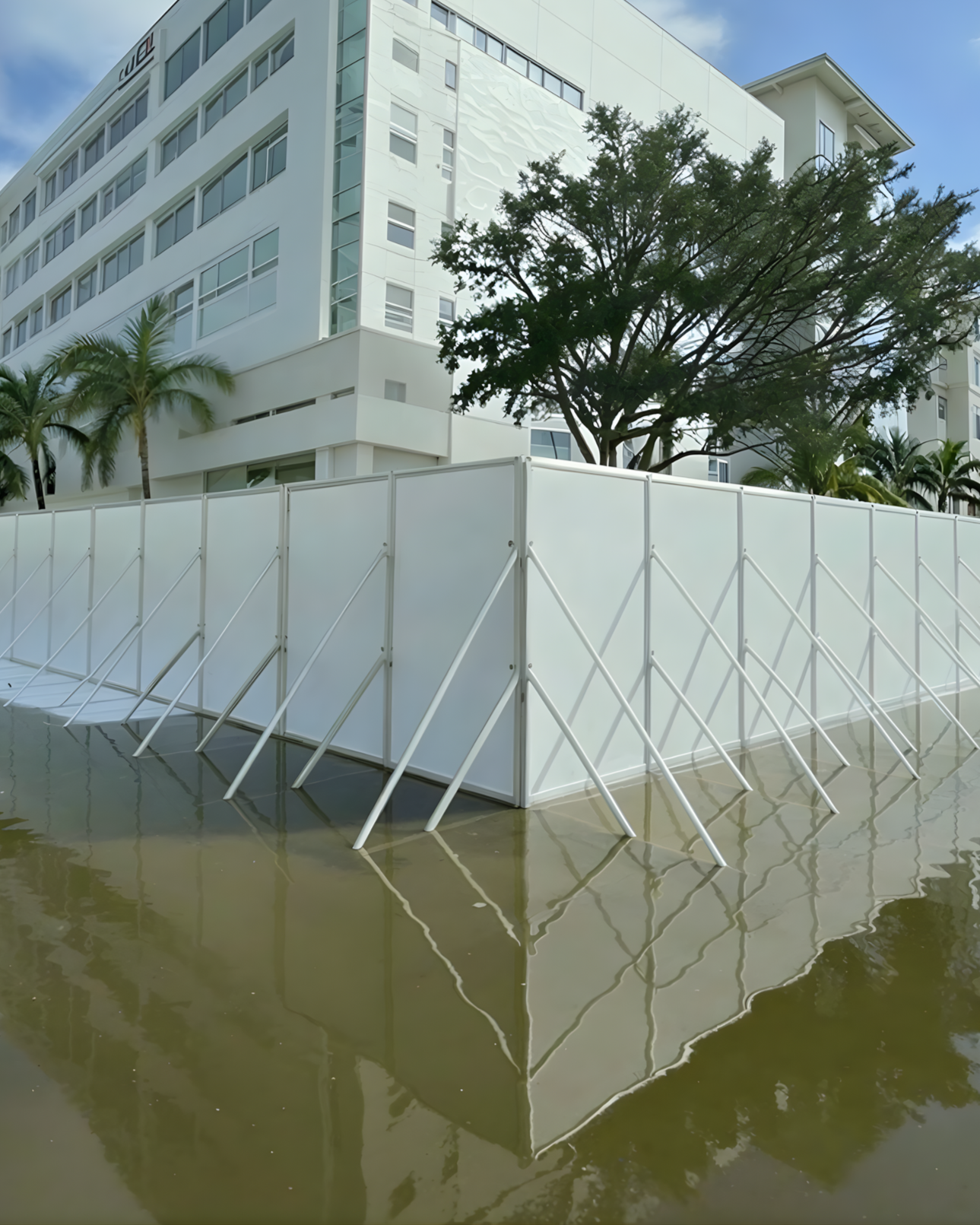 Modern white building with multiple windows, lush trees, and a white fence beside a water body reflecting the fence and trees.