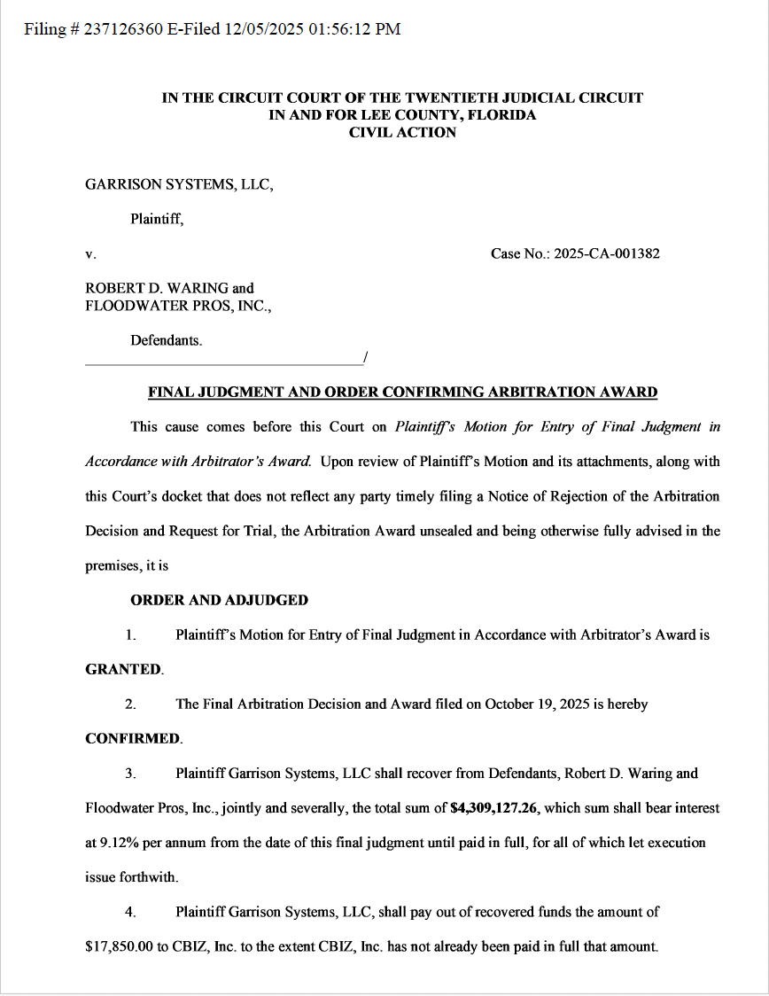 Florida Court Awards $4.3 Million Judgment in Favor of Garrison (Flood Control)Systems Following Findings of Unfair Competition and Trade Dress Misappropriation