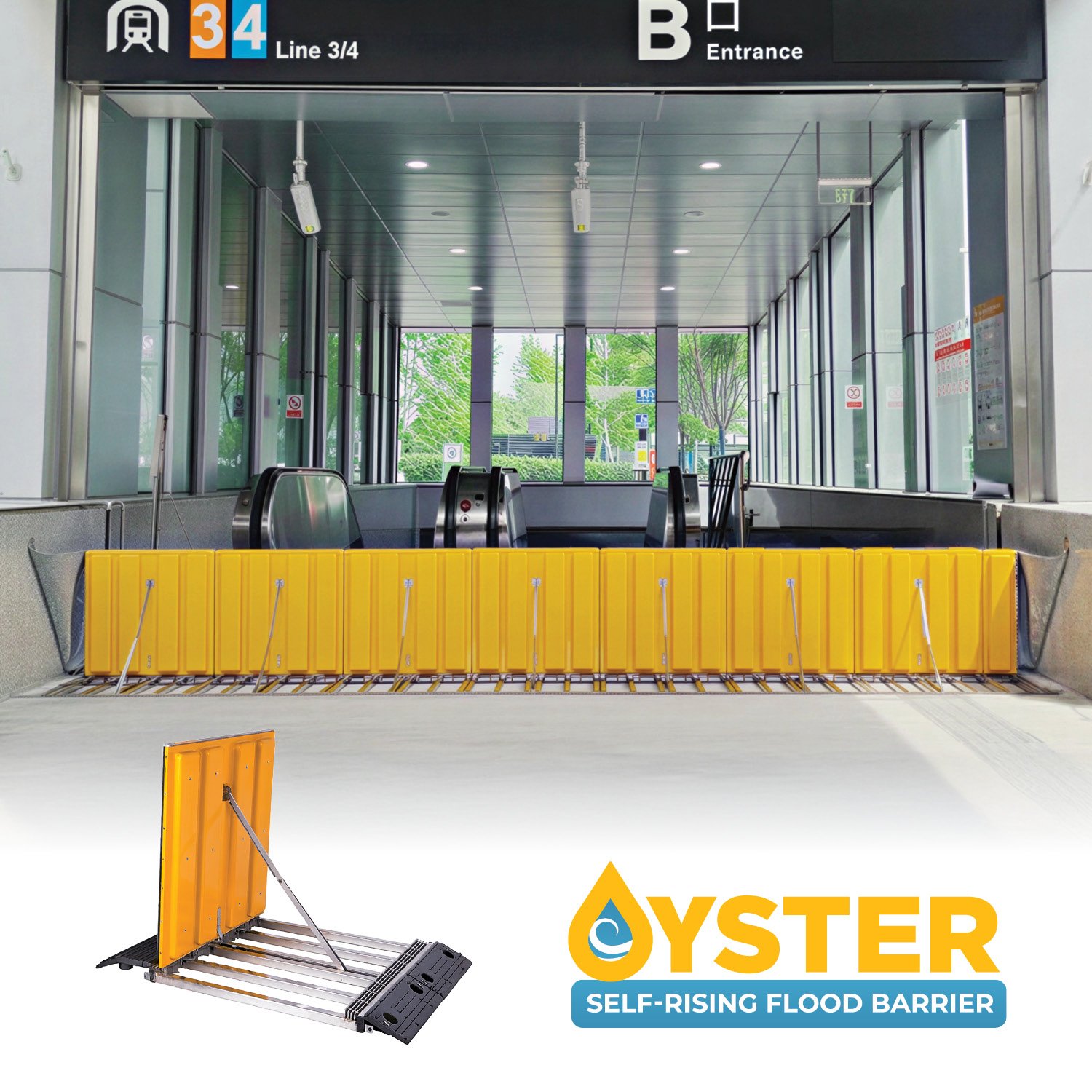 A self-rising flood barrier system installed at an entrance with escalators inside a building.