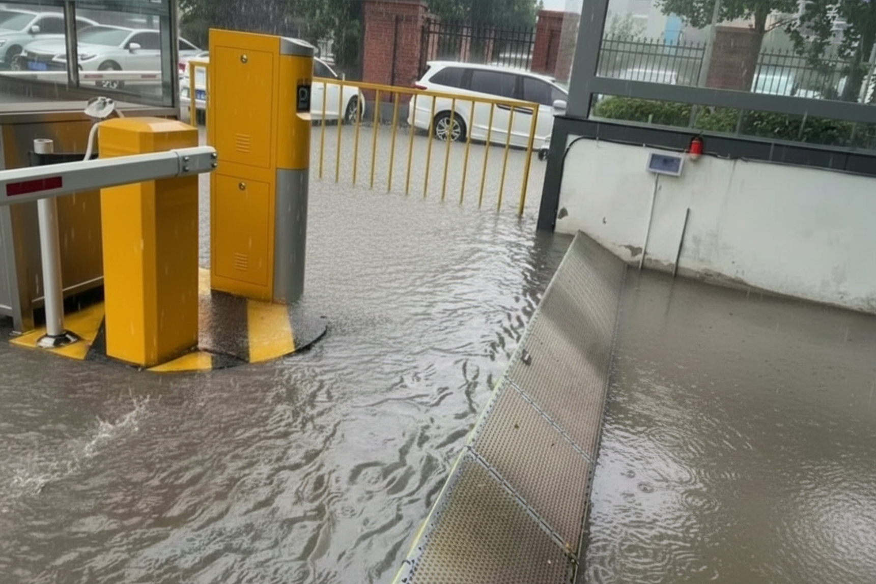 Self deploying Oyster flood barrier gate flips up to protect against flooding. Seen here with floodwaters rising