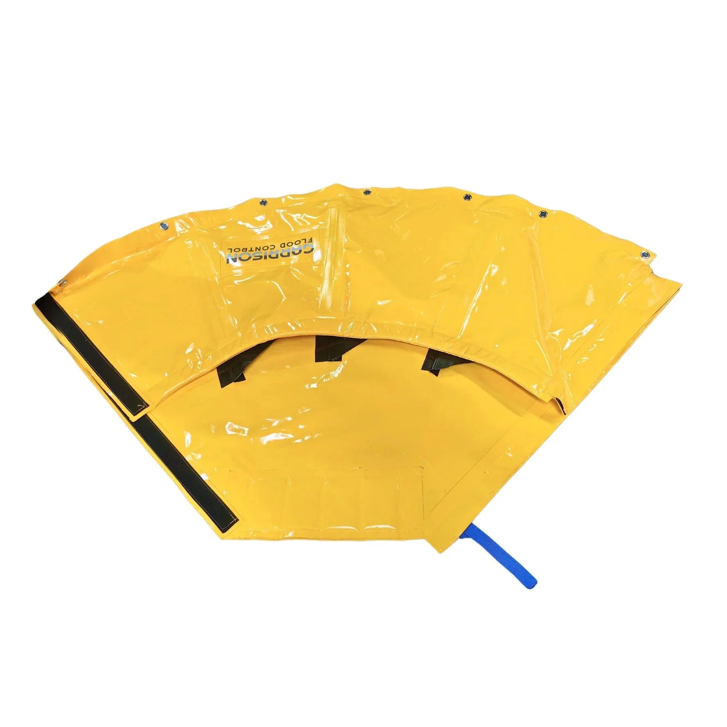 Yellow inflatable pool float with black straps and a blue safety strap, with the words 'CARRISON FLOAT CONTROL' printed on it.