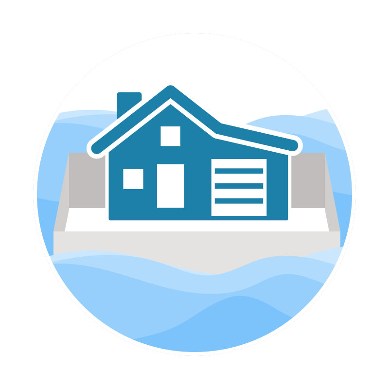 Icon of a house surrounded by water with waves, water appears to be encircling the house on all sides.