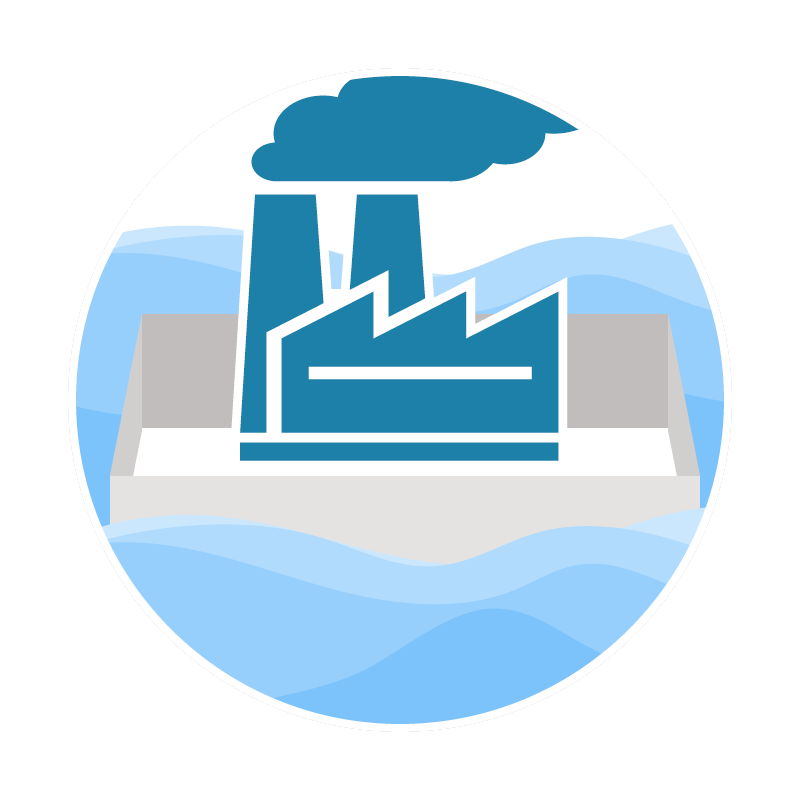 Icon of a factory emitting smoke, surrounded by water, indicating pollution or environmental impact.