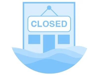 A sign with an open sign hanging above a storefront, surrounded by water and waves, indicating the business is closed.