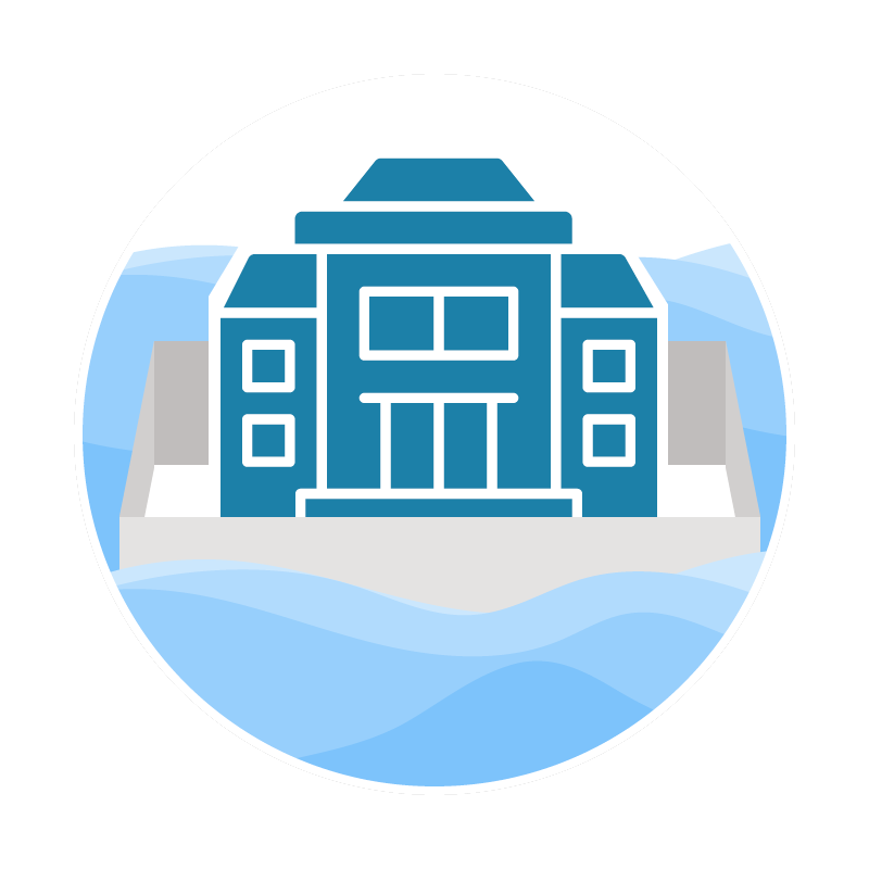 Icon of a modern building or house surrounded by snow and water, with mountains in the background.