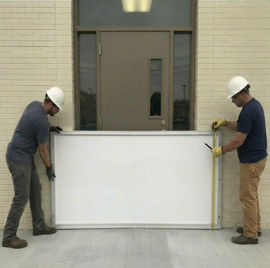 Workers installing flood panels