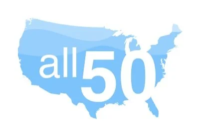 Map of the United States with the text 'all 50' in white on a blue background showing the states that Garrison Flood Control provides flood barriers.