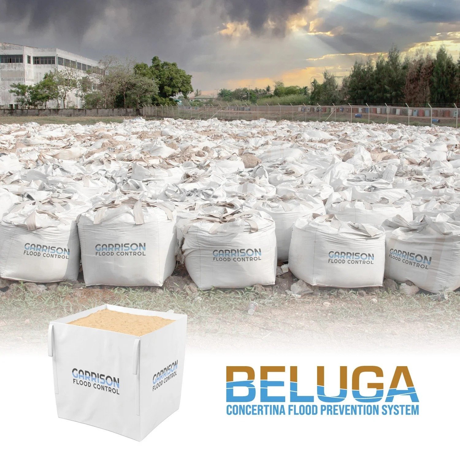Bags labeled 'Garrison Flood Control' filled with sand, arranged in an open area, with a background of trees, a fence, and dark stormy clouds in the sky. A partially visible box in the foreground and text that says 'BELUGA CONCERTINA FLOOD PREVENTION SYSTEM'.